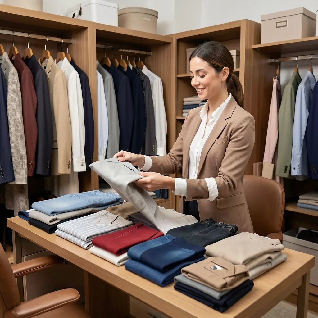 Professional wardrobe stylist organizing clothes